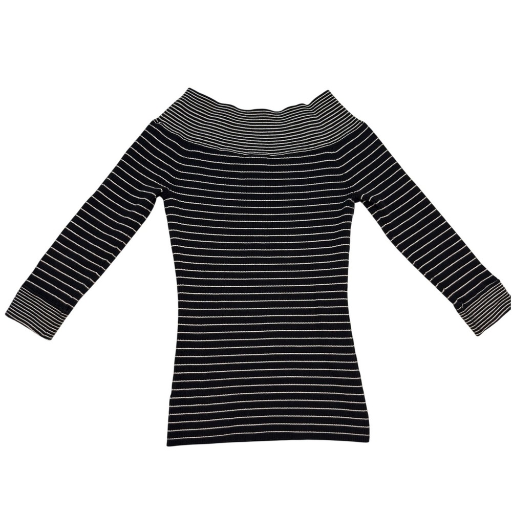 White House Black Market Sweater M Womens Striped Off Shoulder Button BlackWhite